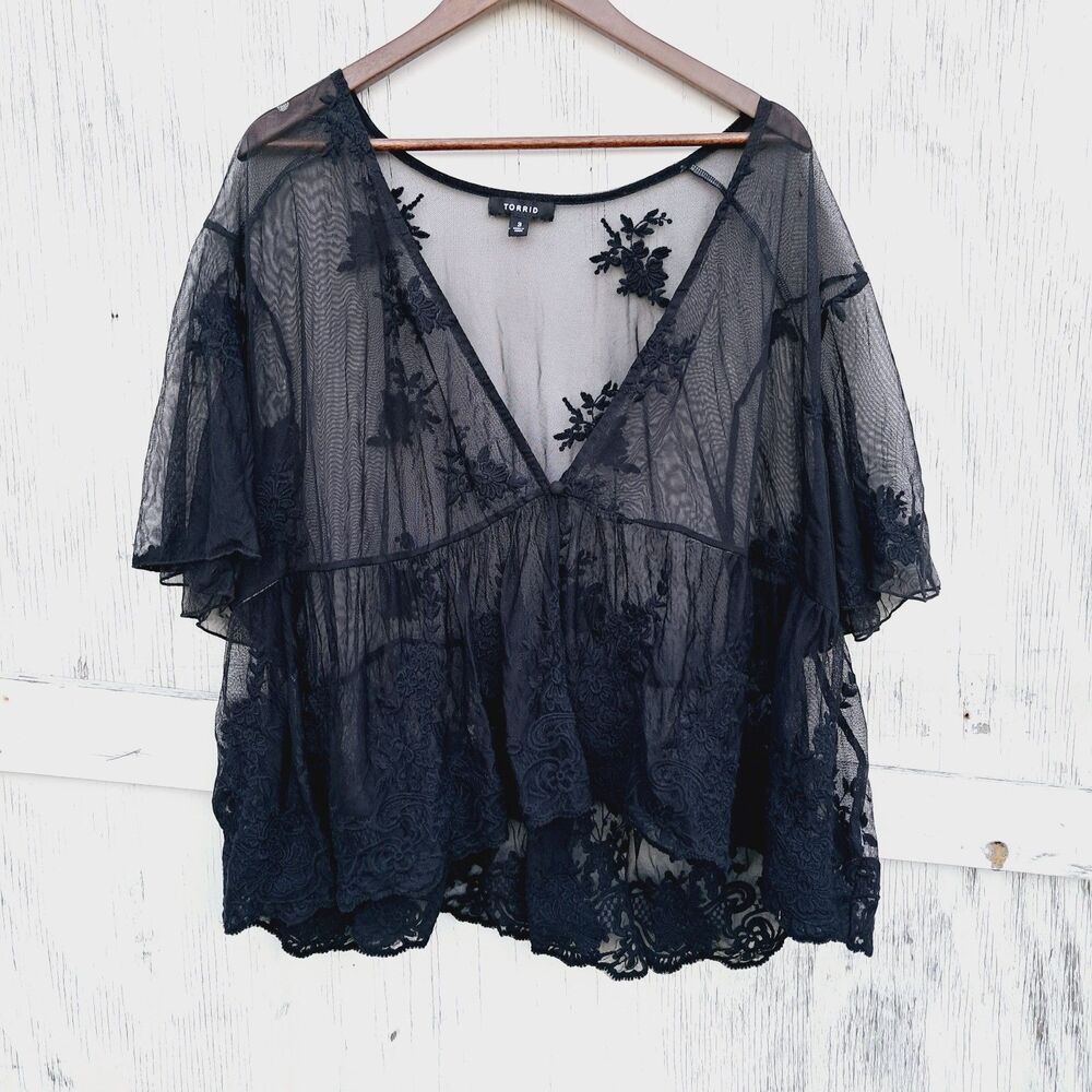 3X Torrid Embroider Mesh Lace Peplum Kimono Top Women Plus Size Black Mall Goth